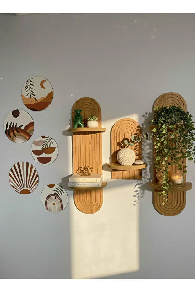 Semplice Duvar Rafı Seti Ve Dekoratif Oval 5 Parça Tablo Seti